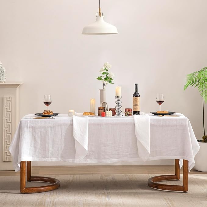 EVERLY Pure Linen Hemstitch Tablecloth,100% Stonewashed French Linen tablecloths for Kitchen Dining Rectangle Tables,60x120Inch Machine Washable Christmas Thanksgiving Organic Tablecloth-White