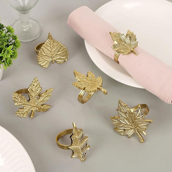 CLEENTABLEThanksgiving Napkin Rings Set-12 Pcs Fall Napkin Holders Metal Leafs Rings Holders Buckle Table Decor for Autumn Thanksgiving Halloween Wedding Home Party Supplies Antique Gold