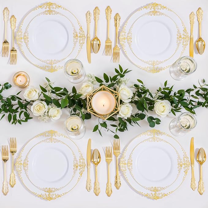 Nervure 100Pcs White and Gold Plastic Plates - 10.25Inch Gold Disposable Plates - Heavyweight Dinner Plate for Wedding & Party