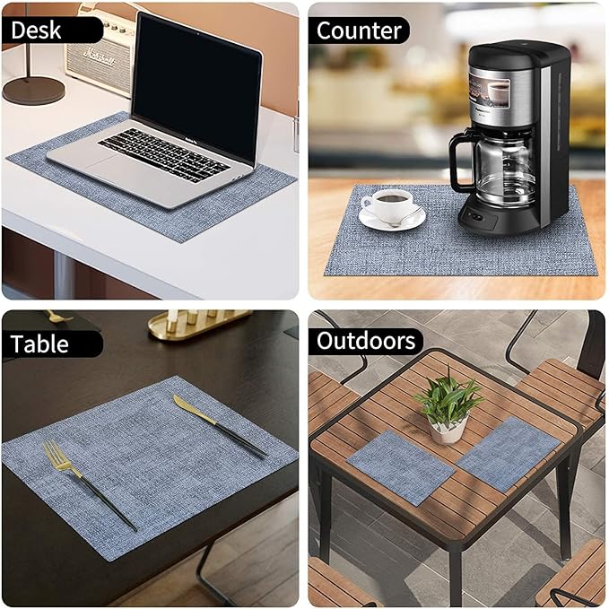 homing Faux Leather Heat Resistant Placemats 8 Packs, Waterproof Wipeable Dining PU Place Mats for Indoor & Outdoor, Easy to Clean, Denim Blue