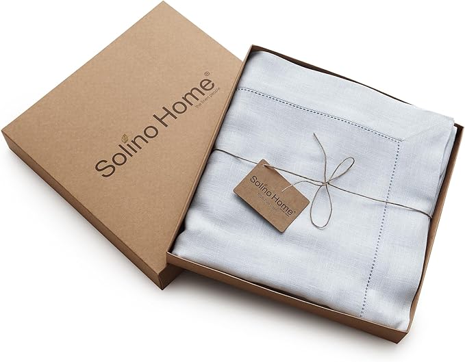 Solino Home Light Blue Linen Tablecloth 60 x 120 Inch - 100% Pure Linen Hemstitch Table Cloth for Rectangle Tables - Classic Hemstitch, Machine Washable Tablecloth for Winter, Spring, Easter