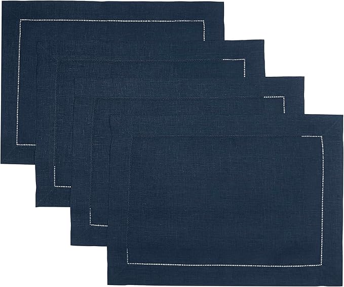 D'Moksha Homes Linen Placemats Set of 4 - Classic Hemstitch Navy Blue Placemats 14 x 19 Inch - 100% Pure Linen Table Mats for Easter - Handcrafted and Machine Washable