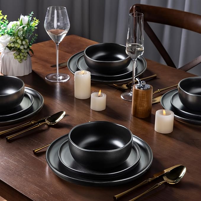 AmorArc Ceramic Dinnerware Sets, Wavy Rim Stoneware Plates and Bowls Sets,Dishwasher & Microwave & Oven Safe Dishes set, Service for 4 (12pc)-Matte Black