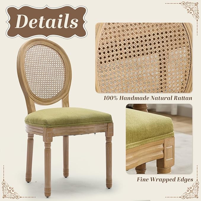 SoarFlash French Dining Chairs Set of 6, Vantage Dining Chair with Round Back, Wood Leg Farmhouse Country Rattan Dining Chair for Kitchen,Bedroom,Olive Green