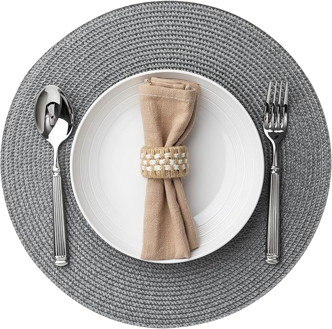 Round Placemats Set of 4 Plastic Woven Placemats Washable Wipeable Table Mats for Dining Table Heat Resistant Non-Slip Circle Place Mats (Gray)