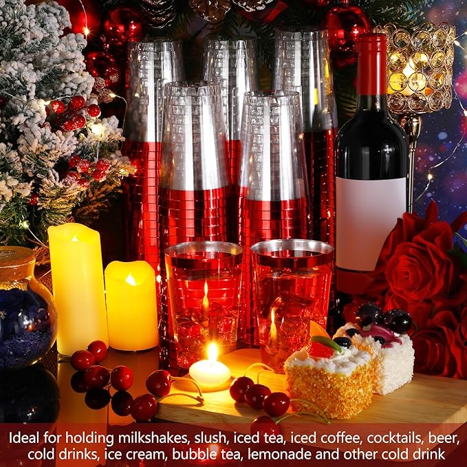 Patelai 100 Pcs Red Plastic Cups 12 oz Red Rimmed Plastic Cups Heavy Duty Disposable Wine Glasses Clear Cocktail Glasses Drinking Tumblers for Party Wedding Christmas Birthday