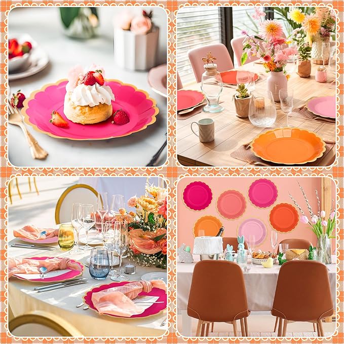 48 Pcs Pink and Orange Paper Plates 9 Inch Scalloped Paper Plates Disposable Dinner Dessert for Birthday Wedding Bridal Party Supplies, 6 Colors