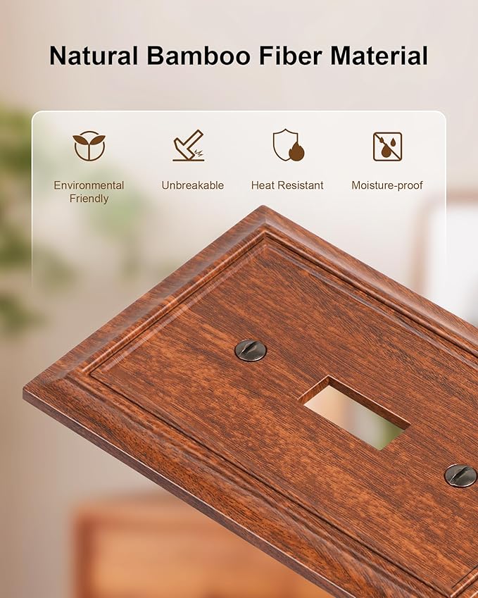 6-Pack Single Toggle Light Switch Cover Plate, Durable Natural Bamboo Fiber Decorative Switch Plate Covers, Wood Grain 1 Gang Wall Plate, Corrosion Resistant