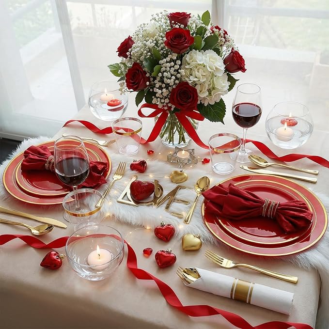 175 Pieces Red Plastic Plates with Gold Rim Include Dinner Plate 10”, Dessert Plate 7”, gold Cups 9 OZ, Pre Rolled Napkins 25 of each type for Party Valentine's Day