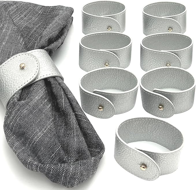 Luxury Leather Napkin Rings Set of 8, Silver, Morgan Faux Style, Modern Cuff Design for Wedding Party Decorations, Kitchen, Holiday Table,Rust Proof,Hotel, Home, Table Accessories, Dining