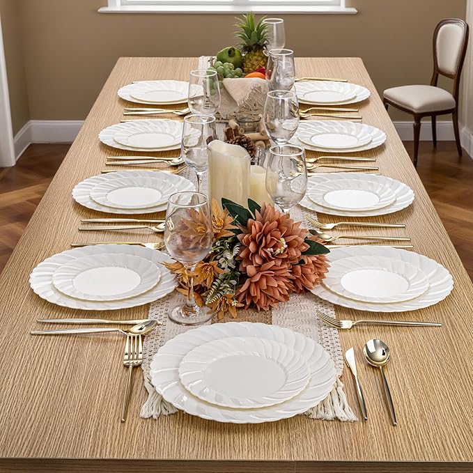 U-QE 60 Pcs Ivory Plastic Plates for Party – Scalloped Plastic Plates Heavy Duty & Elegant – Include 30 10.25" Dinner & 30 7.25" Dessert Plates - Perfect for Party & Wedding