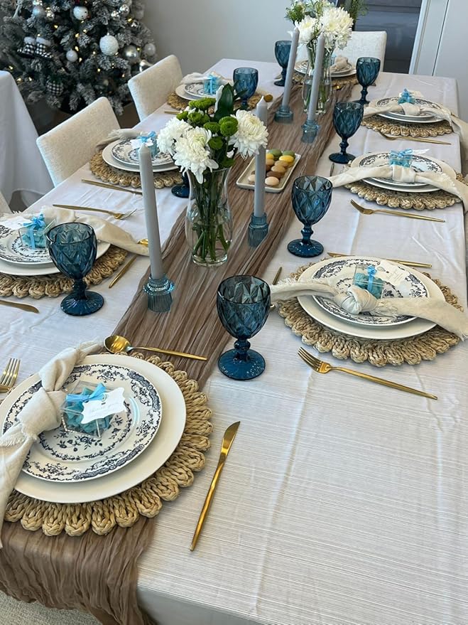 15" Set of 4 Round Corn Husk Placemats | Boho Woven Rattan Table Mats | Farmhouse Wicker Spring Plate Chargers Like Water Hyacinth, Seagrass for Wedding, Party, Christmas, Events