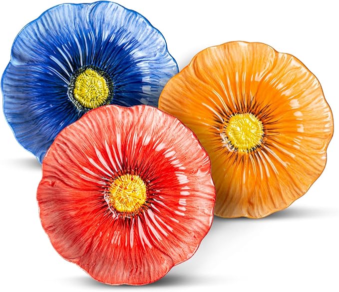 8-Inch Ceramic Dinner Plates, Set of 3 for Salad Dessert Appetizer Pasta | Decorative Plates for Home Decor, Jewelry Trays, Floral Design in Blue Pink Orange