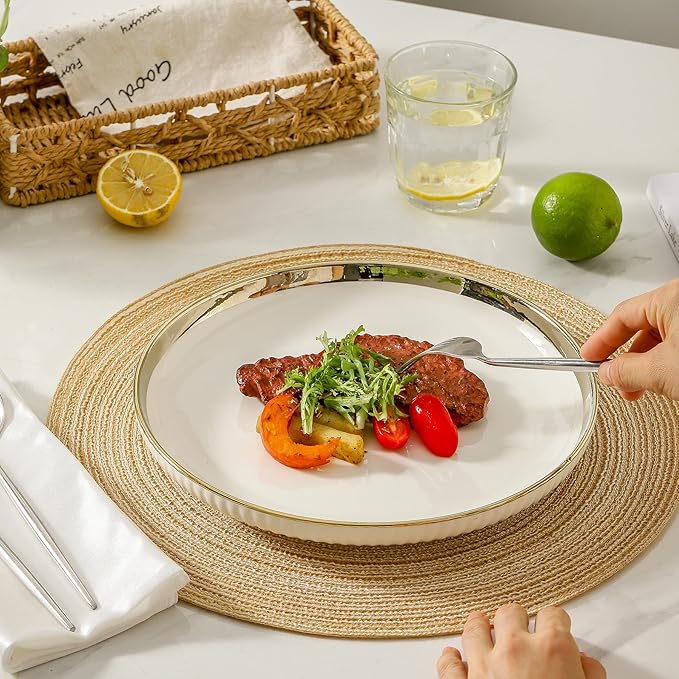 LETAOTAO Dinner Plates, Ceramic dinner Plate Set of 4, 10 inch White Serving Plates with gold trim, Stripe Texture Back, Large Pasta and Salad Plates, Dishes Set with Lipped Edges for Kitchen