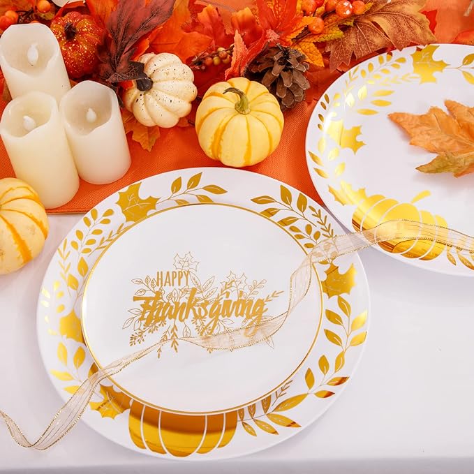 Ciaell 125PCS Thanksgiving Plastic Plates - Fall Pumpkin Disposable Plates White and Gold Heavy Duty Dinnerware Set include 25Dinner Plate, 25Desset Plate, 25Knives, 25Forks, 25Spoons for Thanksgiving