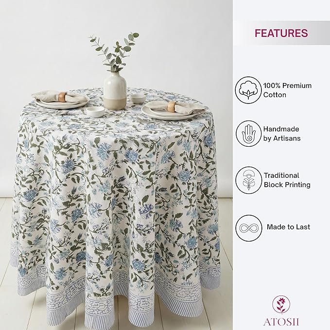 ATOSII Mahoka Blue 100% Cotton Round Tablecloth, Block Print Floral Table Cloth for Dining, Parties, Weddings, Outdoors, Holidays I 60" Inches I Grandmillennial Farmhouse Boho Spring Summer