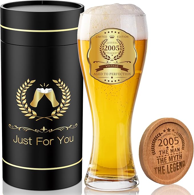 21st Birthday Beer Glasses Gifts, Personalized '2005' Vintage Glass Ware Set for Men, Black Gift Package with Drinking Glass, Coaster, and Card for 21 Years Old Man
