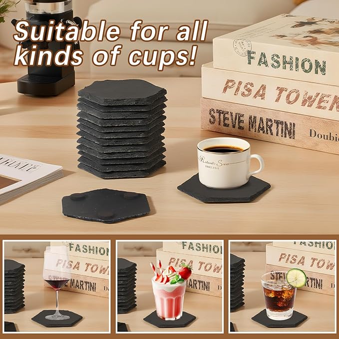 12PCS Slate Coasters Black Bulk Blank Laser Engraved Hand Painted Beverage Coasters, Non-Slip Bottom Mat, Home Office Kitchen Gift Wedding Bar Party