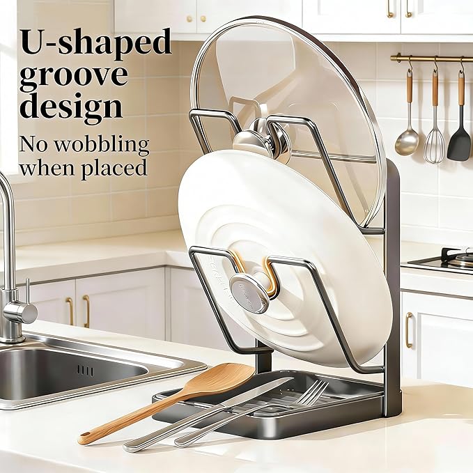 Kitchen Pot Lid Storage Rack, Stainless Steel Lid Holder with Removable Drip Tray, Double-Layer Countertop Organizer
