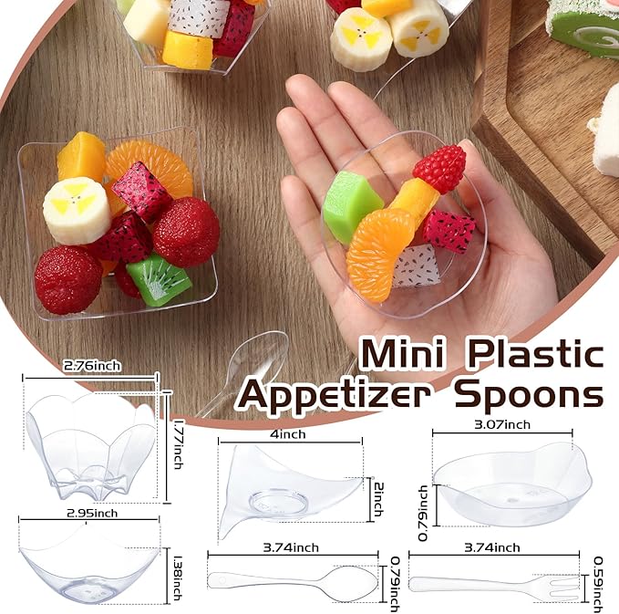 Tessco 800 Pcs Mini Appetizer Plates Set Including 400 Disposable Dessert Plates Assorted Shape 200 Mini Plastic Forks 200 Plastic Spoons for Party(Clear,Stylish)