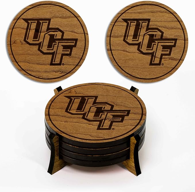 LazerEdge Central Florida Knights Wooden Coaster Set - Cherry Wood - Officially Licensed Product - 4-Pack