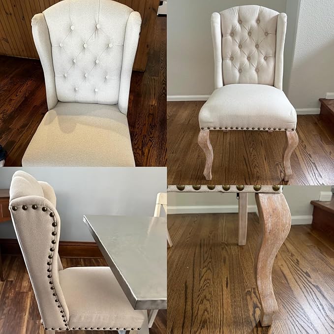 chairus Tufted Parsons Dining Chairs Set of 2, French Country Upholstered Dining Room Chairs with Nailhead Trim & Curved Wood Legs, Farmhouse High Back Armless Side Kitchen Chairs, Beige Linen