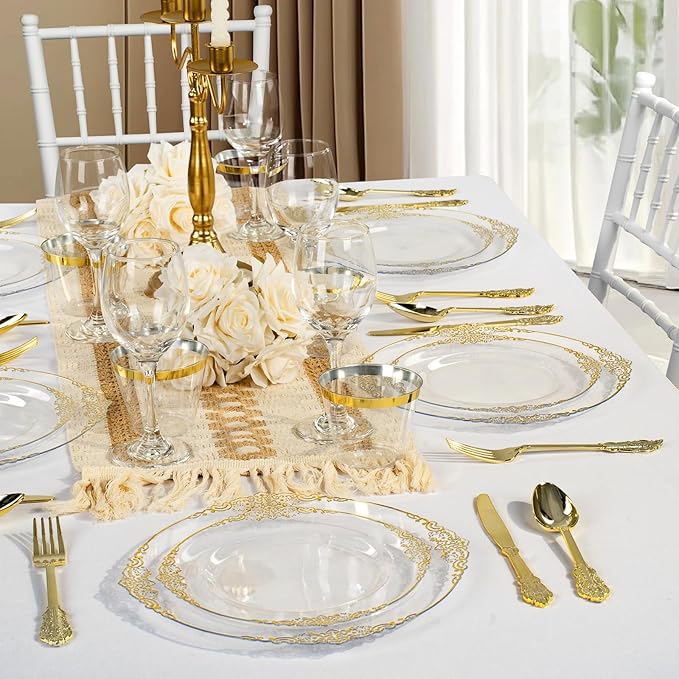 350PCS Clear Plastic Plates for 50 Guests, Disposable Dinnerware Sets Include 50 Gold Rim Plastic Plates, 25 Silverwares, 25 Cups, and 25 Pre Rolled Napkins for Party, Wedding and Graduation