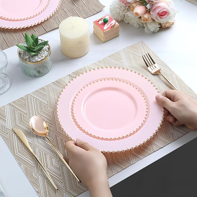 EI 60pcs Pink Plastic Plates with Gold Rim,Pink Party Plates Disposable,Heavy Duty 10" Dinner & 7" Dessert Plate Fancy Elegant Plate for Wedding,Birthday,Afternoon Tea,Valentine's Day