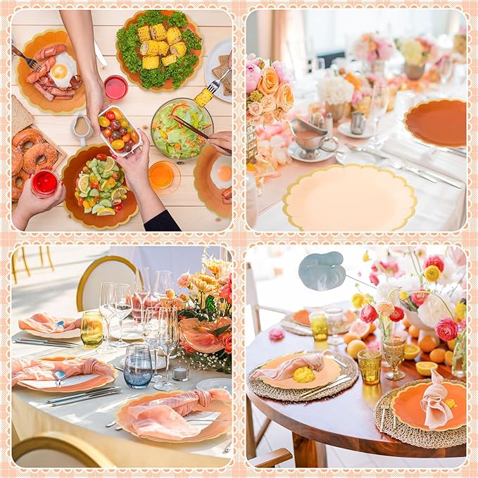 48 Pcs Beige-Orange Peach Paper Plates 9 Inch Gradient Scalloped Paper Disposable Dinner Dessert Plates for Birthday Wedding Bridal Party Supplies, 6 Colors