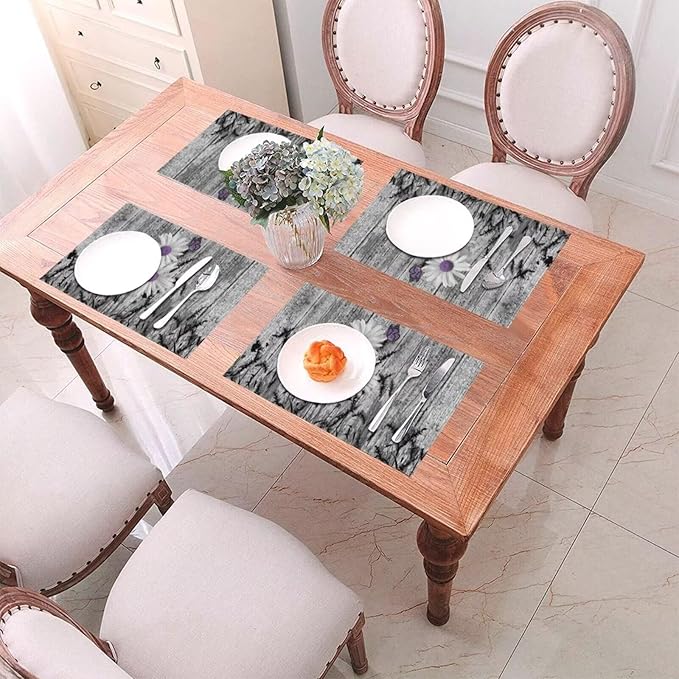 Placemats Set of 4 Rustic Floral Place Mats Farmhouse Daisy Woven Table Mats Washable Purple White Flower PVC Placemat for Dining Kitchen Decor Indoor Outdoor, 12 x 18 Inch