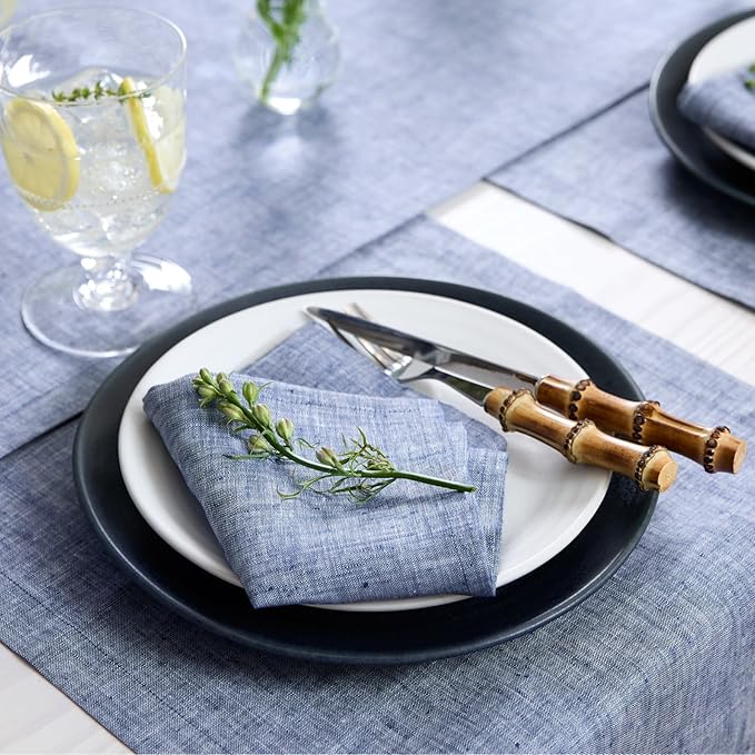 Solino Home Linen Cloth Napkins Set of 4-100% Pure Linen Chambray Indigo Dinner Napkins 20 x 20 Inch - Athena, Handcrafted and Machine Washable - Winter, Spring, Easter