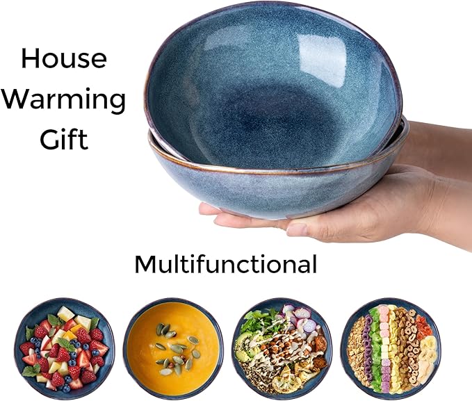 AmorArc Ceramic Cereal Bowls Set of 6, 24 oz Handmade Stoneware Bowls for Cereal Soup Salad Bread, Stylish Kitchen Bowls for Meal, Dishwasher & Microwave Safe-Ceylon Blue