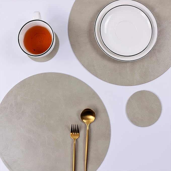 Set of 4 Faux Leather Round Placemats and Coasters, Coffee Mats Kitchen Table Mats, Waterproof, Easy to Clean for Kitchen Dining Round Table