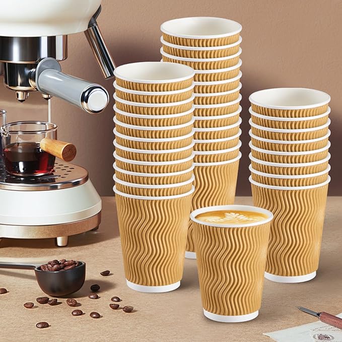 SIUQ Coffee Cups 12 oz 150 Pack, Insulated Ripple Wall Paper Coffee Cups 12 oz, Disposable Coffee Cups, Hot Beverage/Cold Drinking Cups for Office,Home,Party,Cafe,Picnic,Travel (Champagne)