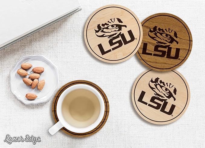 LazerEdge LSU Tigers Wooden Coaster Set - Cherry Wood - Officially Licensed Product - 4-Pack