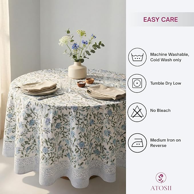 ATOSII Mahoka Blue 100% Cotton Round Tablecloth, Block Print Floral Table Cloth for Dining, Parties, Weddings, Outdoors, Holidays I 72" Inches, 4 Seater I Grandmillennial Farmhouse Boho Summer