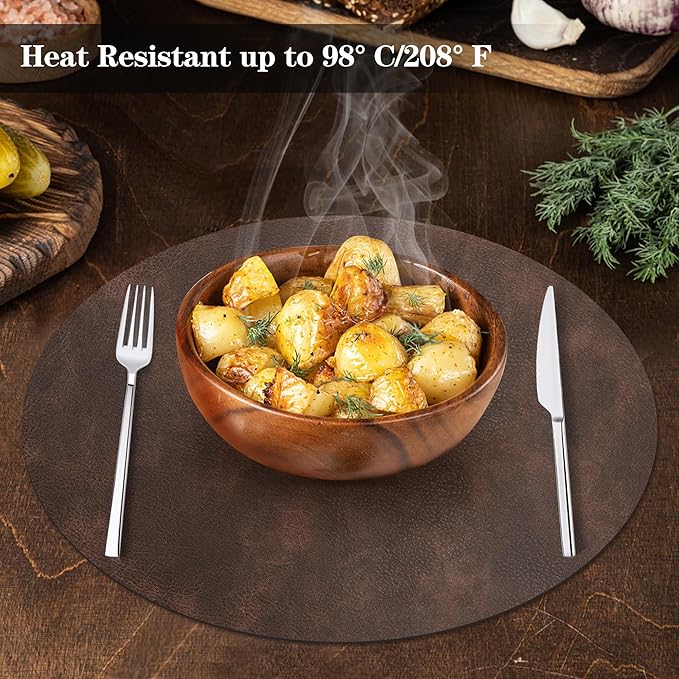 Round Placemats and Coasters Set of 4, Washable Reversible Faux Leather Placemats Cowhide Pattern Place Mats Wipeable Non-Slip 15 inch Round Kitchen Dining Table Mats (Gray Dark Coffee, 4)
