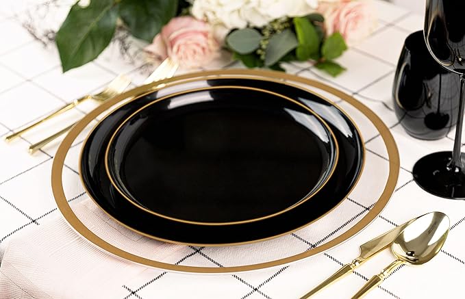 PLASTICPRO [30 pack 6.3 Plastic Party Plates Edge Collection Premium heavyweight Elegant Disposable Tableware Dishes (Black With Gold Rim