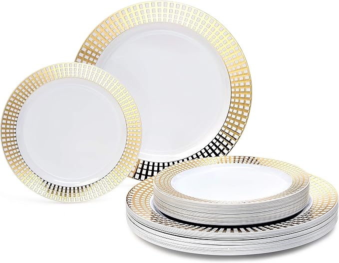 OCCASIONS 240 Plates Pack,(120 Guests) Premium Wedding Party Disposable Plastic Plates Set -120 x 10.25'' Dinner + 120 x 7.5'' Salad/Dessert Plate (Princess White/Gold)