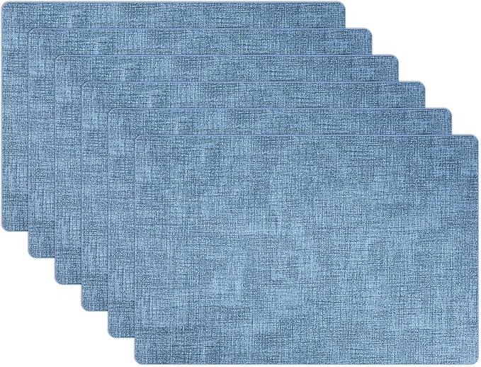 Placemats Set of 6 Faux Leather Heat Resistant Tables Mats Waterproof Oilproof Wipeable Reversible Anti-Slip Place Mats for Kitchen/Dining/Party/Outdoor 11.8" x 16.9", Light Blue