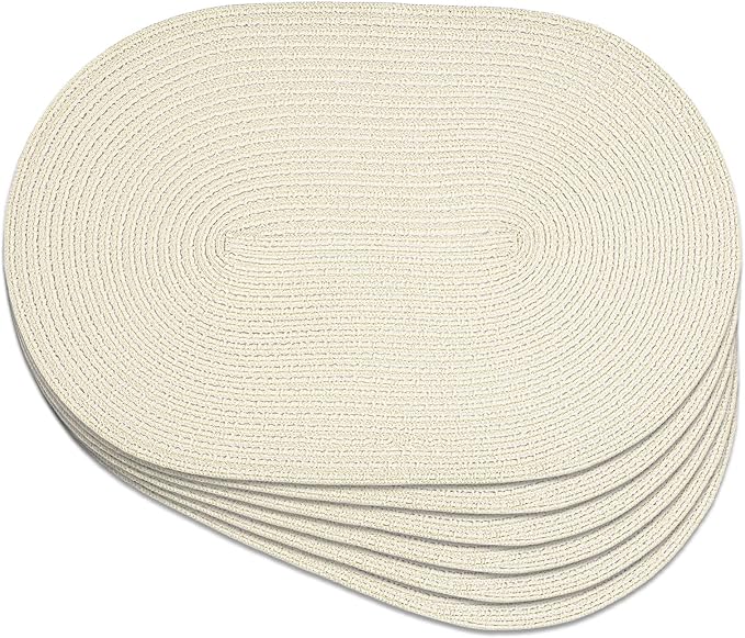 Noctiflorous Oval Braided Placemats Set of 6 Woven 12x18 Inch Non Slip Washable Heat Resistant Place Mats Round Tablemats for Dining Kitchen Party Daily Table Decor Dinner Mats (Solid Beige White, 6)