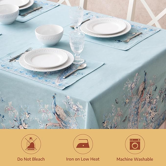 Maison d' Hermine Premium Table Cloth Rectangle Table 100% Combed Cotton 140 x 70 Inches Tablecloth Reusable Decorative for Dining Room Home Party Festive Wedding - Peacock Utopia - Pastel Turquoise