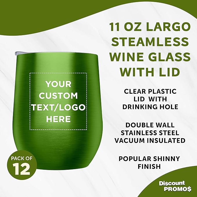 Custom Stemless Wine Glass Tumblers with Lids by Largo 11 oz. Set of 12, Personalized Bulk Pack - Perfect for Wine, Cocktails, Other Hot & Cold Beverages - Lime Green