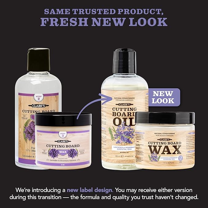 CLARK’S Cutting Board Oil and Wax Kit - Set includes Food Grade Mineral Oil (12oz), Finishing Wood Wax (6oz), Applicator Sponge & Buffing Pad, Enriched with Food Safe Lavender and Rosemary Extract