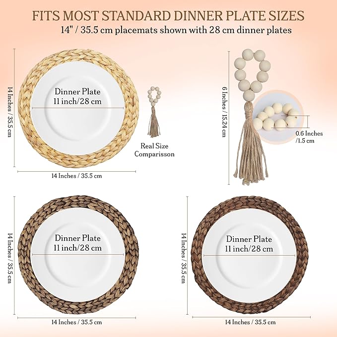 Round Woven Placemats Set of 6 (14 Inch) with Napkin Rings & Canvas Bag – Water Hyacinth Boho Farmhouse Table Mats, Heat Resistant Natural Wicker Chargers for Dining Table Decor by DECHUSE
