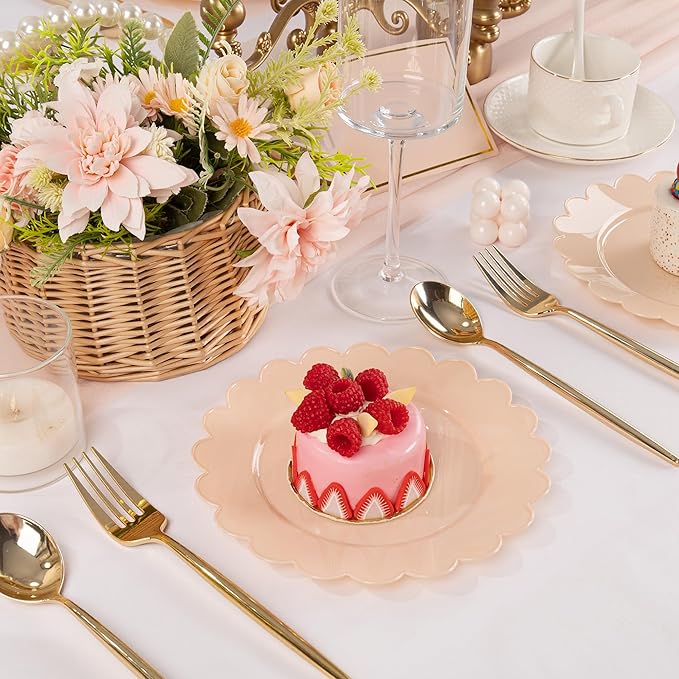 SUT 72-Count Pink Plastic Plates Disposable 7.5 Inch - Scalloped Edge Dessert Plates for Valentine’s Day, Parties, Birthdays, Weddings | Lightweight & Durable Disposable Dinnerware (72 Pack)