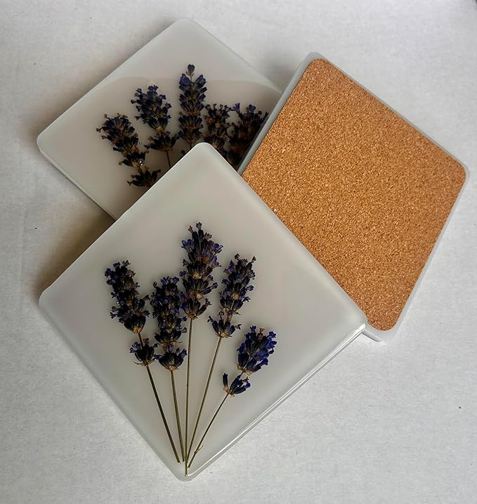 Handcrafted Pressed Lavender Resin Coasters White with Cork Base, Decorative Table Protection (2, Square)