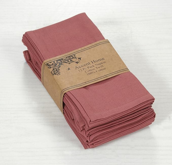 Accent Home 100% Cotton Napkins, Delicate Cloth Napkins for Dinners, Parties and Weddings，18 x 18 Inch Set of 12 - Blush
