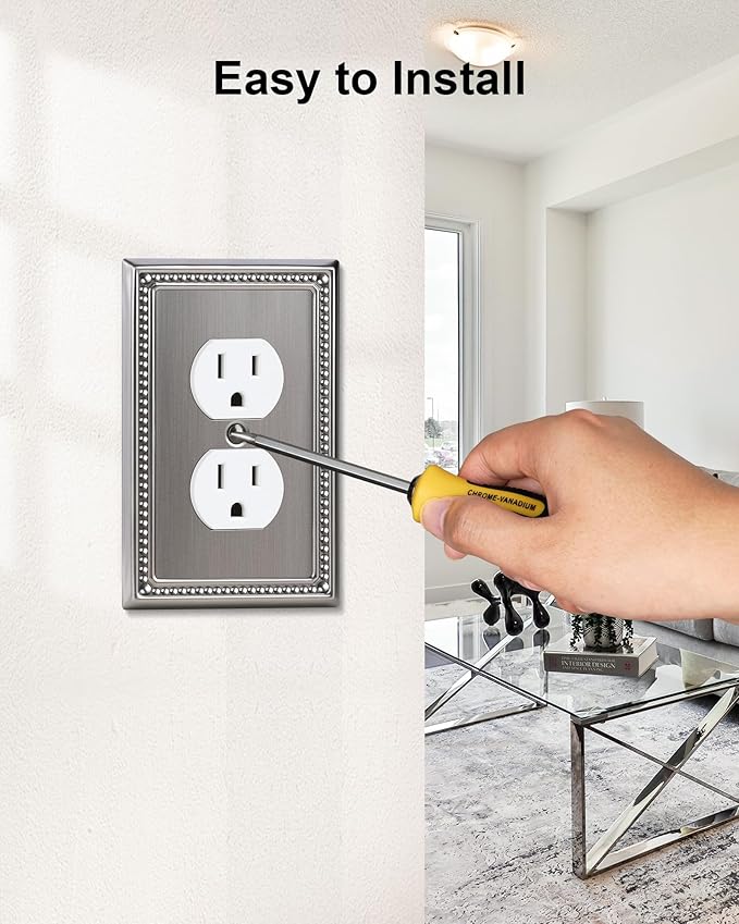 6-Pack Duplex Outlet Cover, Antique Silver Metal Wall Plates for Electrical Outlets, 1 Gang Receptacle Light Switch Cover, Pearls Beaded Decorative Switch Plates and Outlet Covers