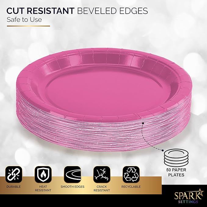 Disposable Paper Plates Bright Pink, 7 Inch Paper Dessert Plates, Strong and Sturdy Disposable Plate for Party, Dinner, Holiday, Picnic, or Travel Party Plate, Pack of 50